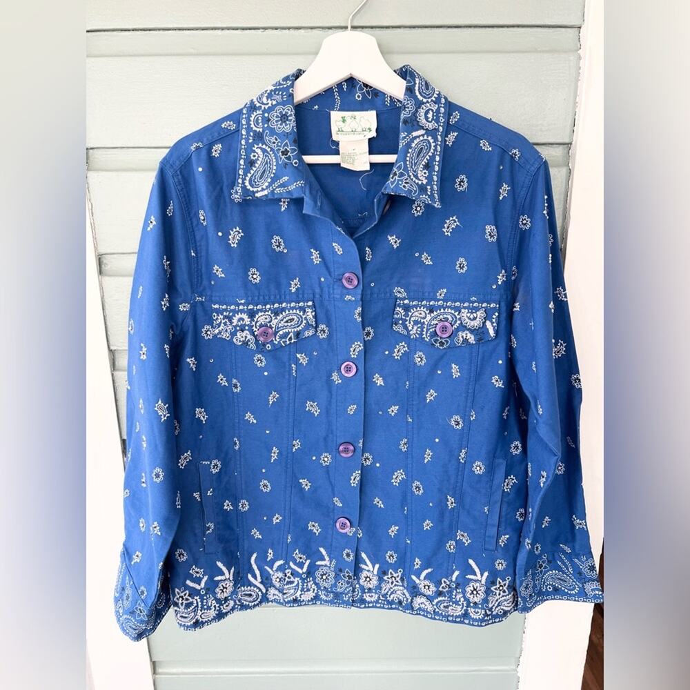 Vintage quacker factory blue bandana print jacket light coat beaded quirky weird